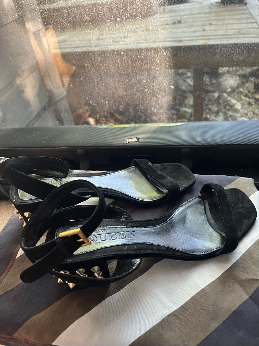Alexander McQueen Black Suede Studded Ankle-Strap Heels